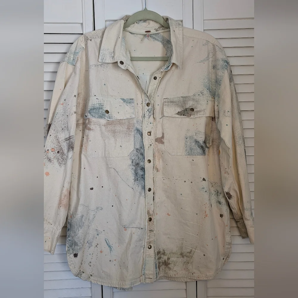 Free People Sunshine Fields Buttondown Top Splatter Denim Jacket Size S